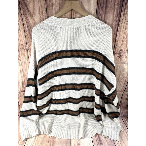 American Eagle XLARGE Oversized Women Sweater VNeck Beige Brown Striped XL - Picture 3 of 10
